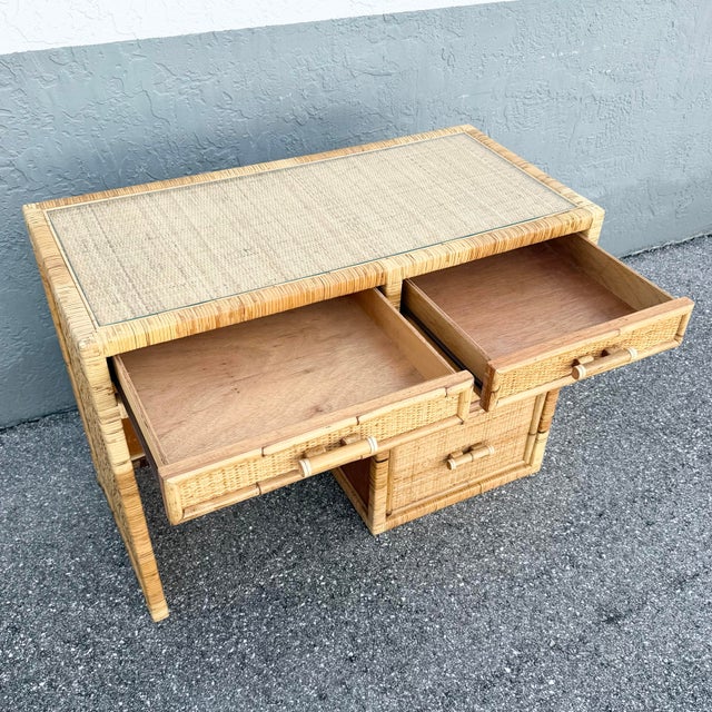 Boho Chic Boho Chic Wicker Inlaid Glass Top Writing Desk For Sale - Image 3 of 12