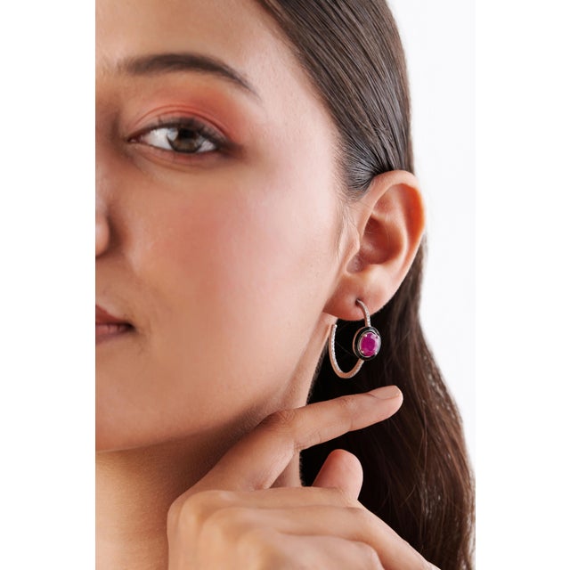 Not Yet Made - Made To Order Art Deco 14k White Gold 3.19ct Ruby, Diamond & Black Enamel Hoop Earrings- A Pair For Sale - Image 5 of 16