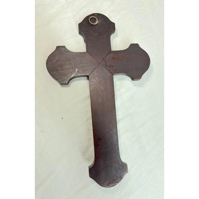 Antique 1800's French Bronze Patinated Metal Inlaid Wood Wall Crucifix Cross For Sale - Image 9 of 12