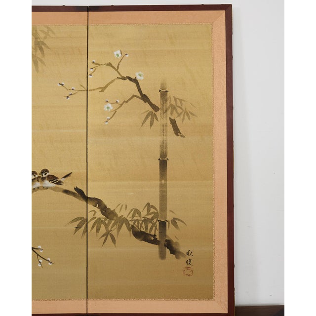 Wood Japanese Showa Four Panel Screen Spring Bamboo Landscape For Sale - Image 7 of 18