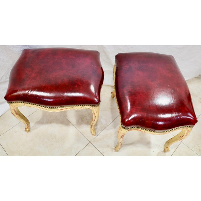 French Vintage French Louis XV Ottoman or Stool Ox Blood Red Italian Leather - A Pair For Sale - Image 3 of 5