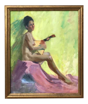 American Impressionist Oil Painting Nude Female With Balalaika by Harry Barton