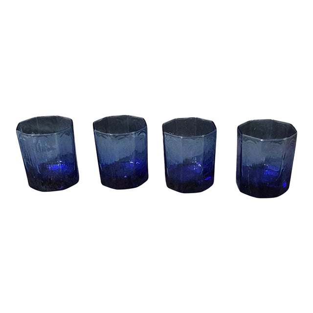 Vintage Set of Four Libby Blue Octagon Shaped Drinking Tumblers Rocks Glasses For Sale