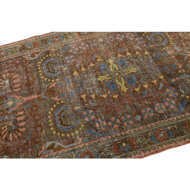 Antique Mahal Runner Rug – Distressed Terracotta & Muted Blue Wool For Sale In New York - Image 6 of 9