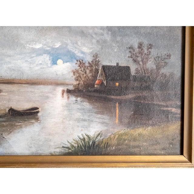 19th Century Continental European Moonlit Nocturne Landscape Painting For Sale - Image 9 of 12
