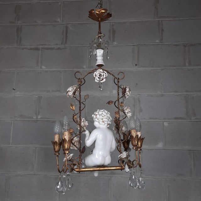 Antique Chandelier in Ceramic and Iron, 1950s For Sale - Image 4 of 18