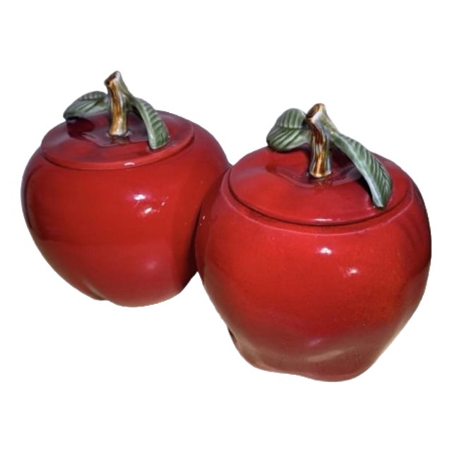 1970s California Ceramic Apples Shaped Storage Canisters - A Pair For Sale