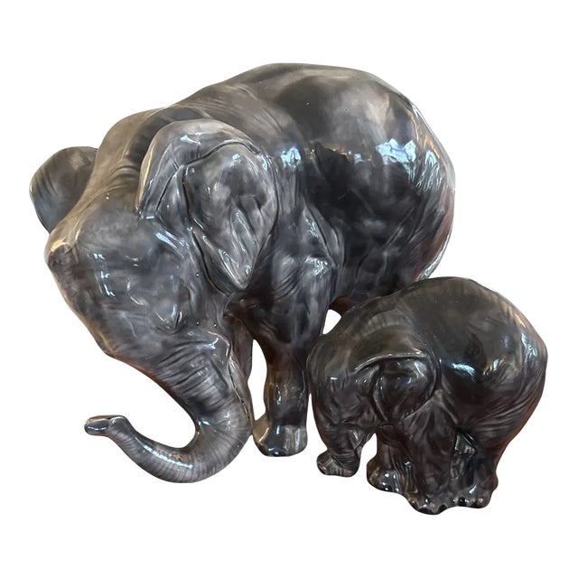 Large Mid-20th Century Japanese Ceramic Elephant Pair – Mother and Calf in Gray Glaze For Sale