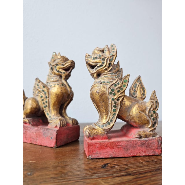 Asian Antique Antique Southeast Asian Burmese Glass Jewel Inlaid Qilin Foo Dog Lion Figure Carvings - a Pair For Sale - Image 3 of 12