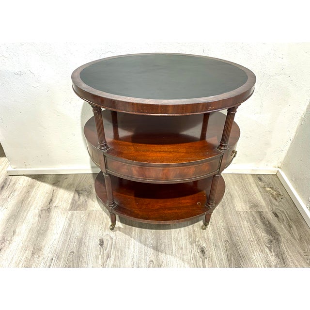 Vintage Leather-Topped Mahogany Three-Tier Oval Shaped Rolling Bar Cart With Drawer For Sale - Image 4 of 11