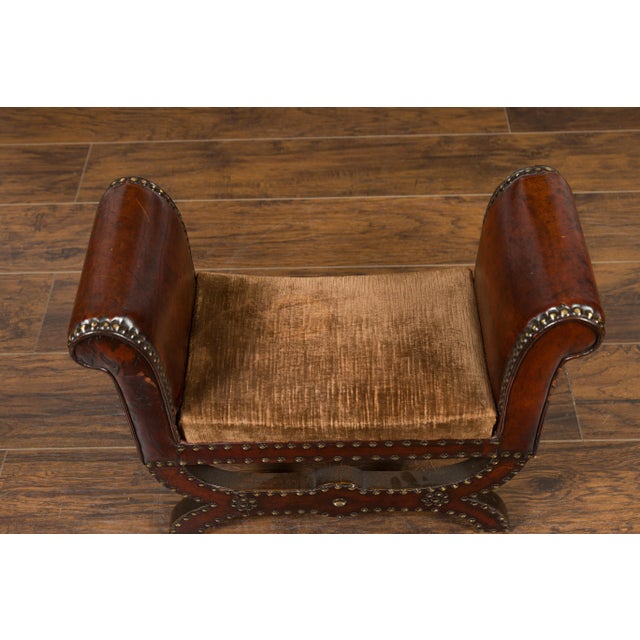 Early 20th Century Petite English 1920s X-Form Leather Stool with Out-Scrolling Arms and Nailheads For Sale - Image 5 of 11