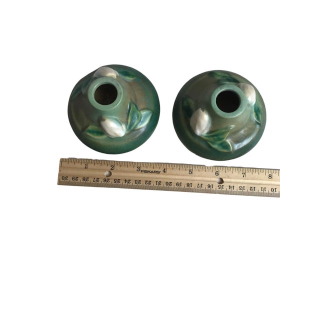 Green Vintage 1940’s Roseville Pottery Candle Stick Holders Gardenia Green White #651 - a Pair For Sale - Image 8 of 8