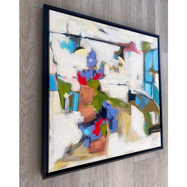 Contemporary Little Shop on the Corner by Leigh Ann Van Fossan | Acrylic on Canvas Abstract scene with flowers. For Sale - Image 3 of 5