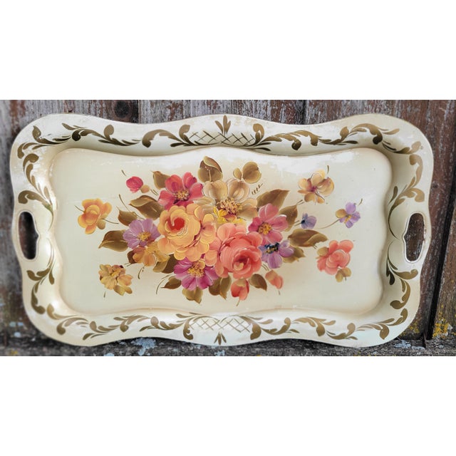 Vintage Hand Painted Metal Tray For Sale - Image 4 of 12