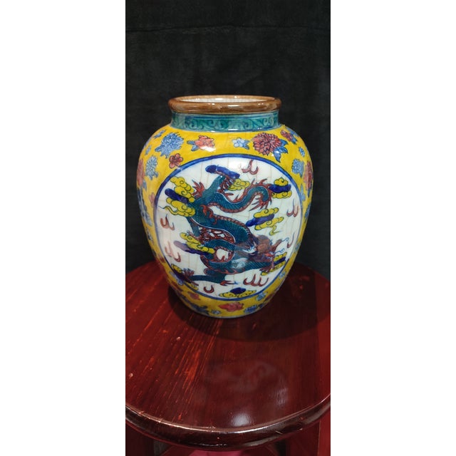 Art Deco Chinese Ceramic Pot Qing Dynasty Kangxi Marked Yellow Ground Doucai Porcelain Jar Hand Painted Cloud and Dragon Pattern For Sale - Image 3 of 11