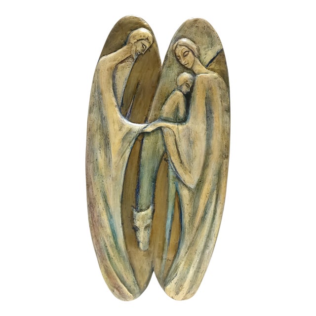 Holy Family Hand-Painted and Hand-Carved Beech Panel, 1960s For Sale