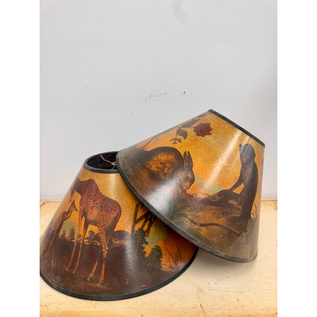 1980s Vintage Hand Painted Safari Paper Lampshades With Craquelure Finish - a Pair For Sale - Image 5 of 9