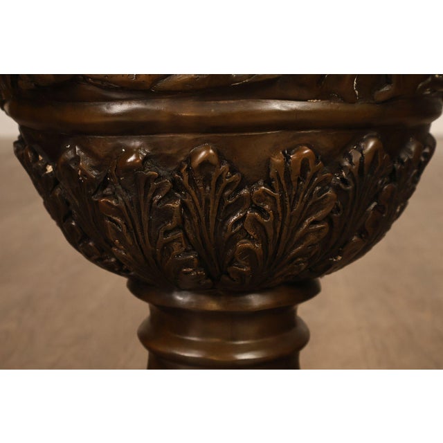 Neoclassical Style Large Pair Of Cast Bronze Covered Urns With Figural Relief For Sale - Image 9 of 18