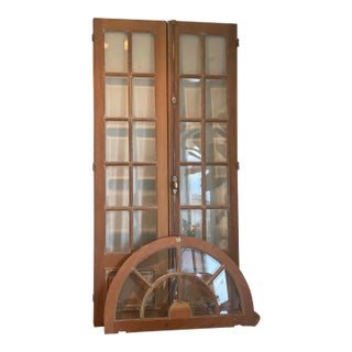 Antique Tall French Doors Beveled Glass With Fan Light Semi Circle Arch Window For Sale