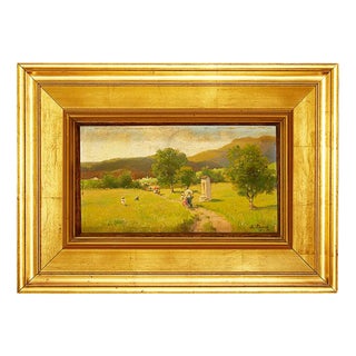 Silvio Poma, Mountain Landscape with a Walk on the Path, 1800s, Oil on Board For Sale