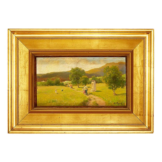 Silvio Poma, Mountain Landscape with a Walk on the Path, 1800s, Oil on Board For Sale