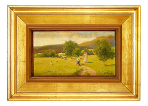 Silvio Poma, Mountain Landscape with a Walk on the Path, 1800s, Oil on Board