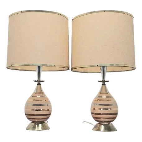 Mid Century Wescal Atomic Ceramic Table Lamps With Original Fiberglass Shades - A Pair For Sale