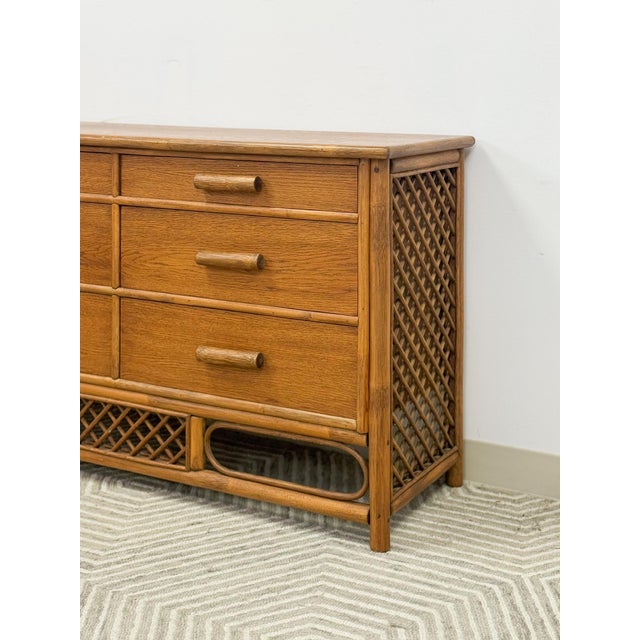 Wood Vintage Petite Rattan 6-Drawer Dresser With Lattice Sides Coastal Boho MCM For Sale - Image 7 of 13