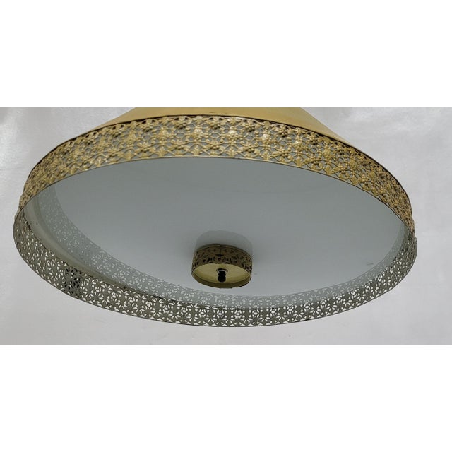 Yellow Vintage Farmhouse Cottage Core Yellow Gold Tole French Filagree Metal Hanging Ceiling Kitchen Light For Sale - Image 8 of 11
