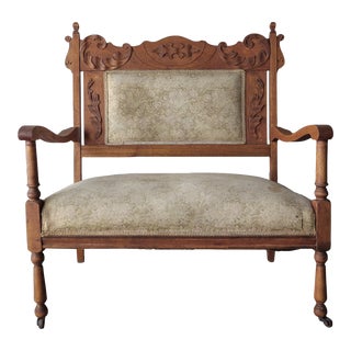 Antique Petite Carved Wood Settee Oversized Chair For Sale