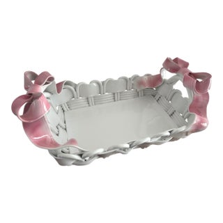 Vintage Large Capodimonte White Porcelain Basket With Large Pink Bow Handles Made in Italy For Sale