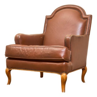 Mid 20th Century Traditional Leather Bergère Armchair With Nailhead Trim For Sale