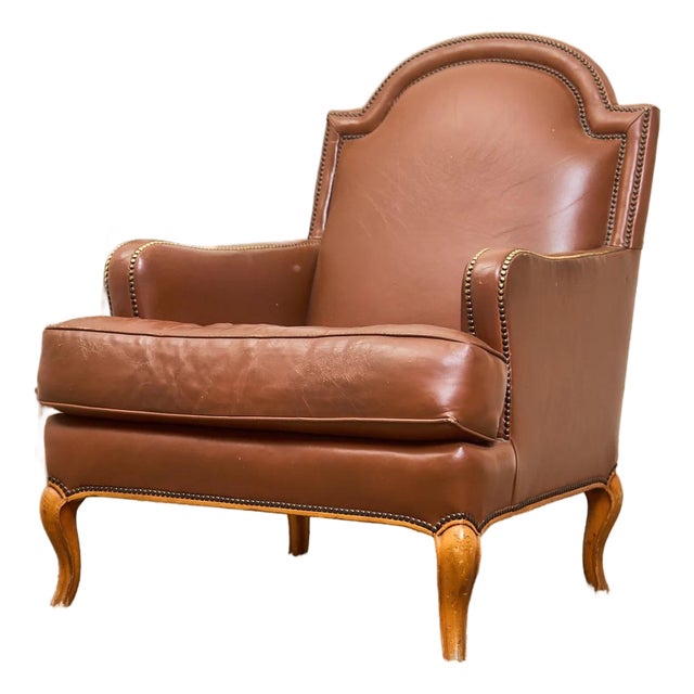 Mid 20th Century Traditional Leather Bergère Armchair With Nailhead Trim For Sale