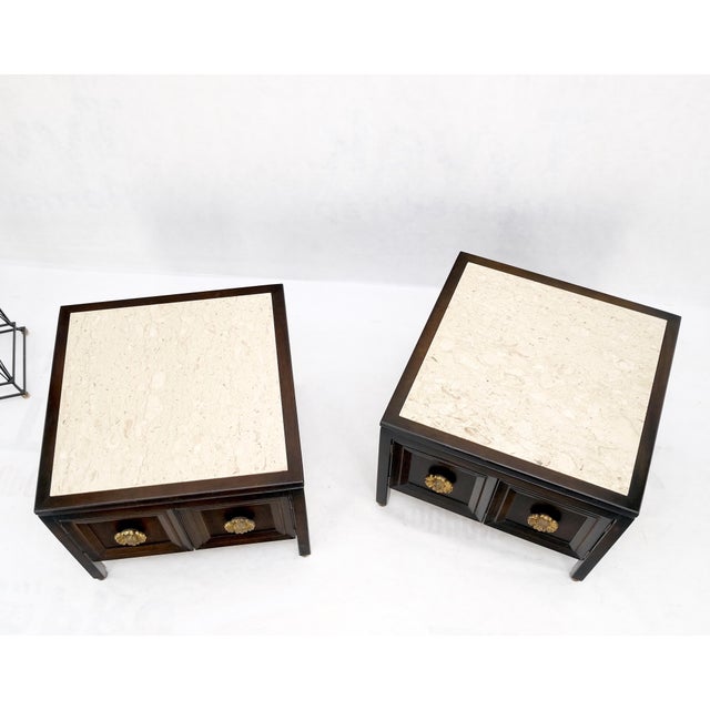 Pair Square Marble Top 2 Door Nightstands End Tables Large Decorative Pulls Mint For Sale - Image 13 of 16