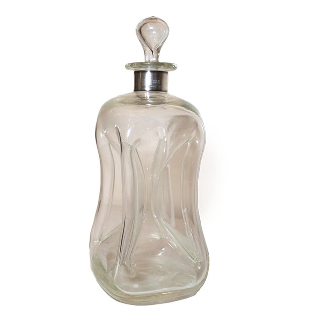Antique Denmark Hand Blown Glass Sterling Silver Glug Glug Liquor Decanter For Sale