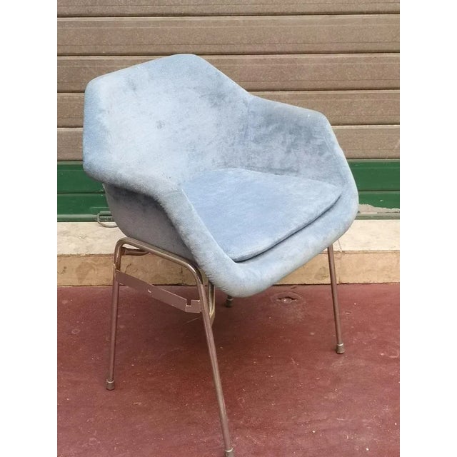 Metal Set of Blue Upholstery and Chrome Armchairs, 1970s For Sale - Image 7 of 10