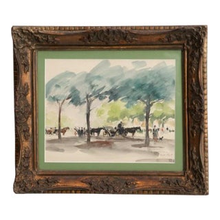 Watercolor on Panel Parisian Landscape For Sale