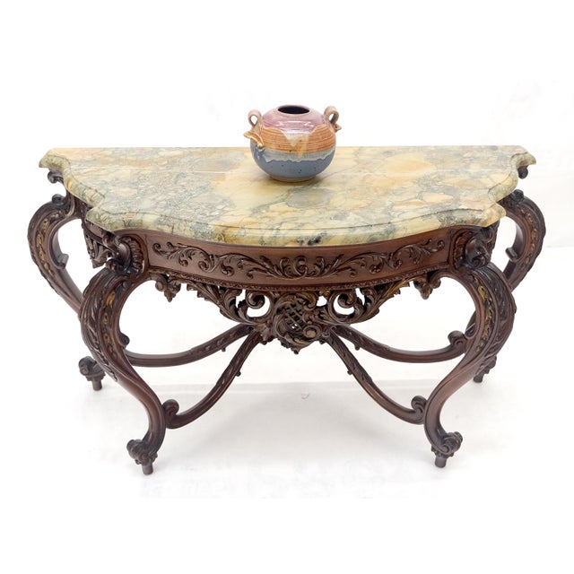 Regency Revival Heavily Fine Carved Stretcher Base Marble Top Console Table MINT For Sale - Image 13 of 18