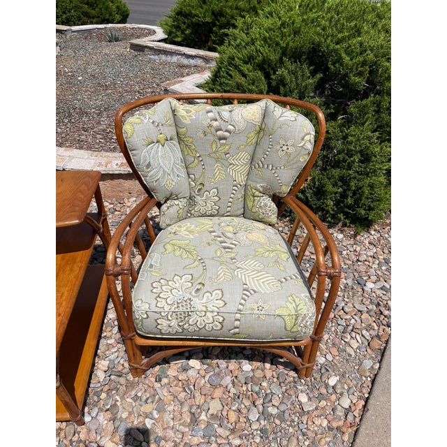 Brown 1940s MCM Heywood Wakefield Rattan Pair Lounge Chairs, Foot Stool & Lamp Table For Sale - Image 8 of 10