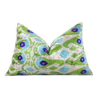 Luxury Silk Velvet Pillow 16x24 – Handmade Green & Turquoise Ikat Lumbar Cushion For Sale