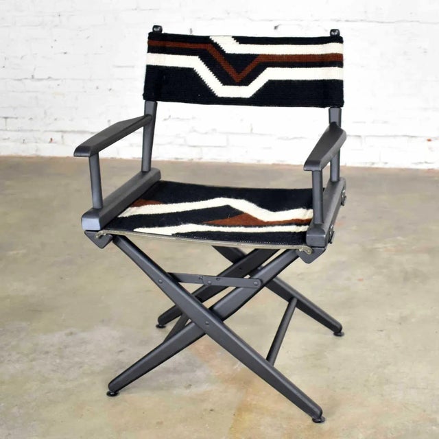 Vintage Needlepoint Director’s Chair Folding Black Brown White Geometric For Sale - Image 13 of 13