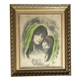 1970’s Vintage Lithograph of Mother and Daughter Signed & Numbered Framed For Sale