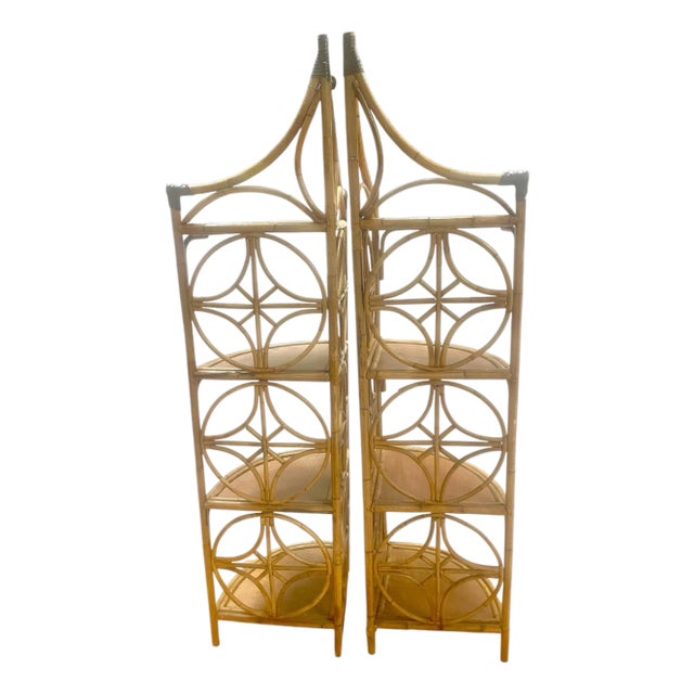Pair Vintage Artistic MCM Natural Rattan Bamboo Corner Etageres Shelves For Sale