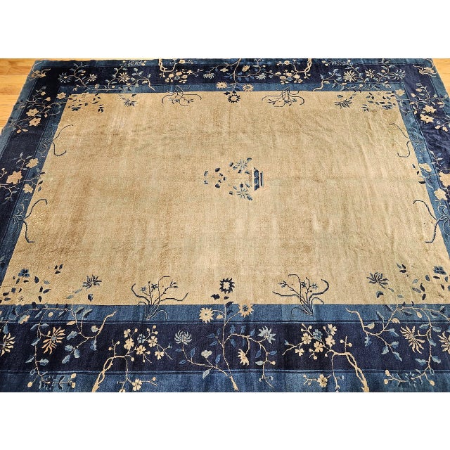 Late 19th Century Antique Chinese Peking Rug, Wool Pile, Tan Field, Navy Border, 9' x 12' For Sale - Image 5 of 17