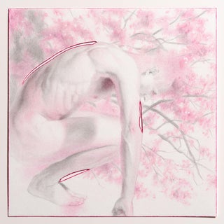 Figure 4 by Matthew Alfonso Durante | Graphite and Oil Pencil on Paper Depiction of a figure among pink trees For Sale