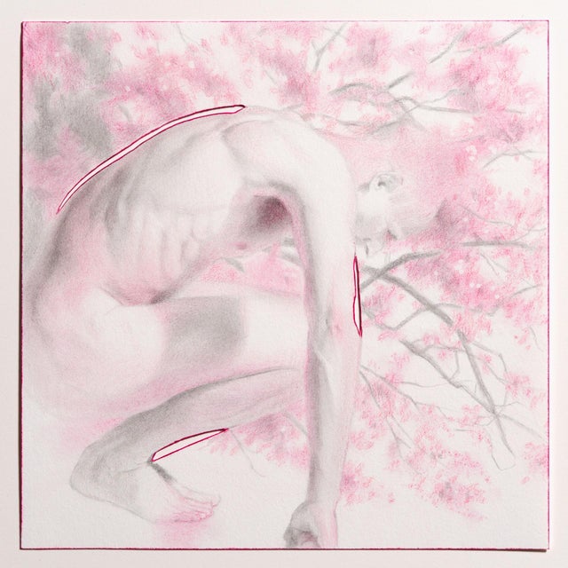 Figure 4 by Matthew Alfonso Durante | Graphite and Oil Pencil on Paper Depiction of a figure among pink trees For Sale