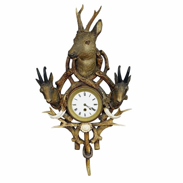 Antique Cabin Antler Wall Clock with Deer and Chamois Austria ca. 1900 A great rustic antler wall clock. The wooden case...