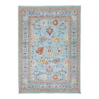 10x14 Modern Oushak Style Hand-Knotted Wool Area Rug in Sky Blue With Terracotta For Sale
