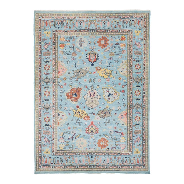 10x14 Modern Oushak Style Hand-Knotted Wool Area Rug in Sky Blue With Terracotta For Sale