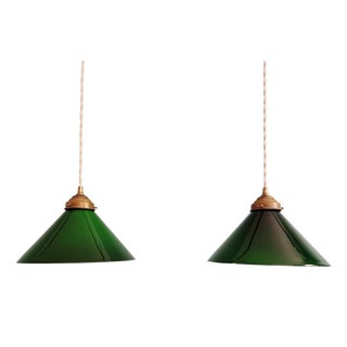 Art Deco Conical Green Opaline Glass Pendant Lights, Set of 2 For Sale